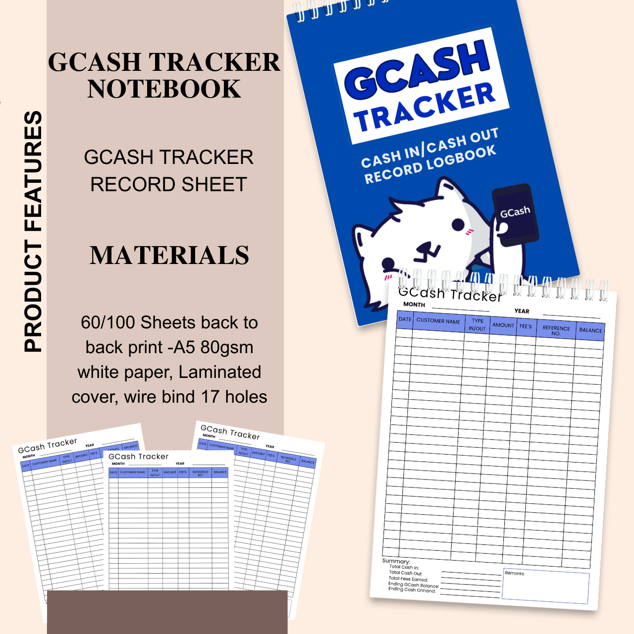GCash Tracker Notebook – Cash In & Cash Out Record Logbook (A5, 60/100 Sheets)