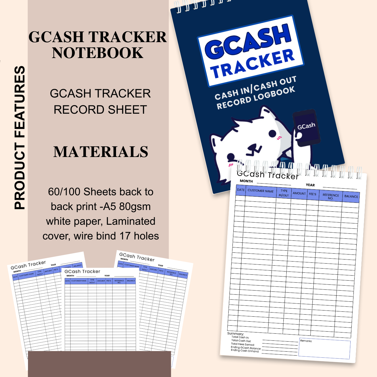 GCash Tracker Notebook – Cash In & Cash Out Record Logbook (A5, 60/100 Sheets)