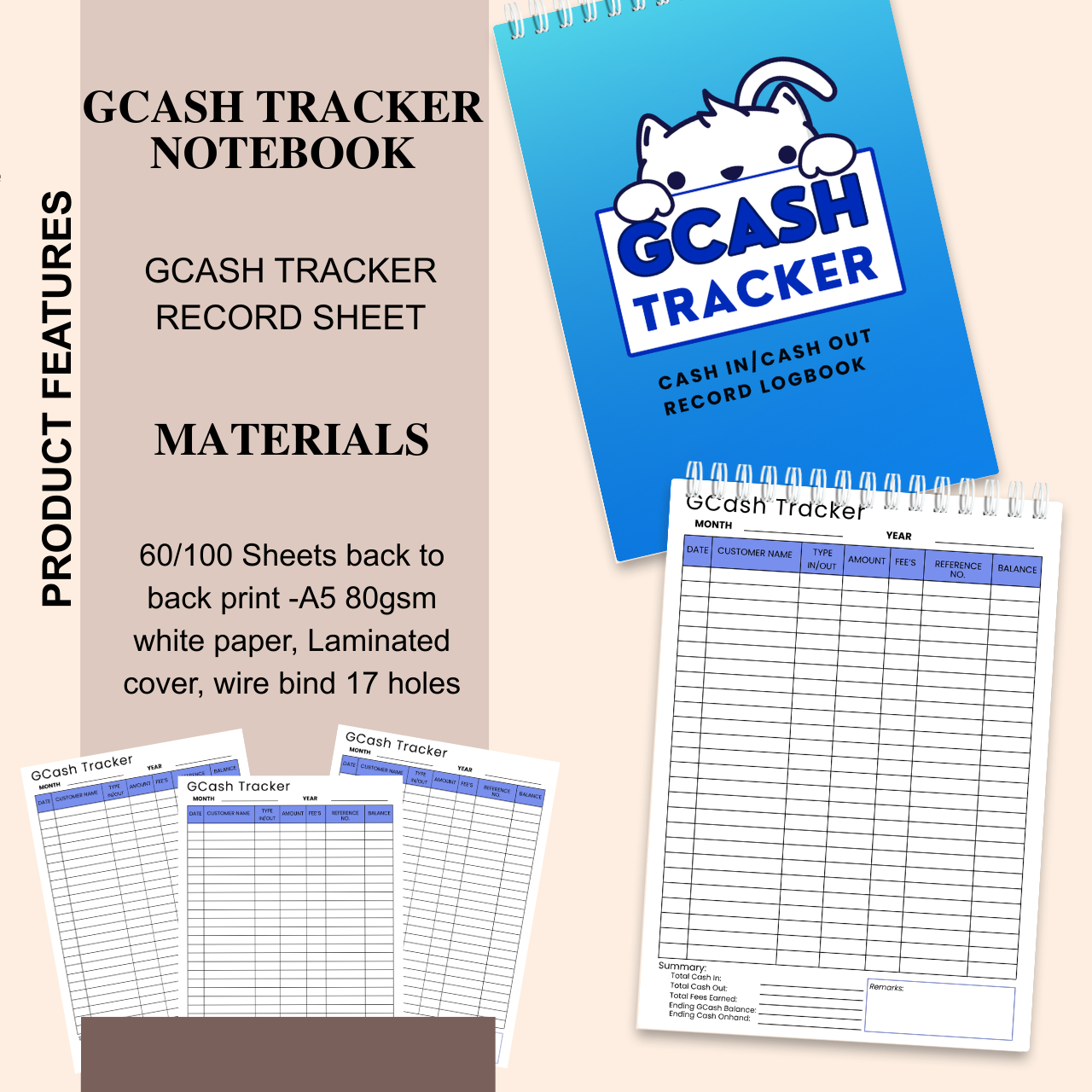GCash Tracker Notebook – Cash In & Cash Out Record Logbook (A5, 60/100 Sheets)