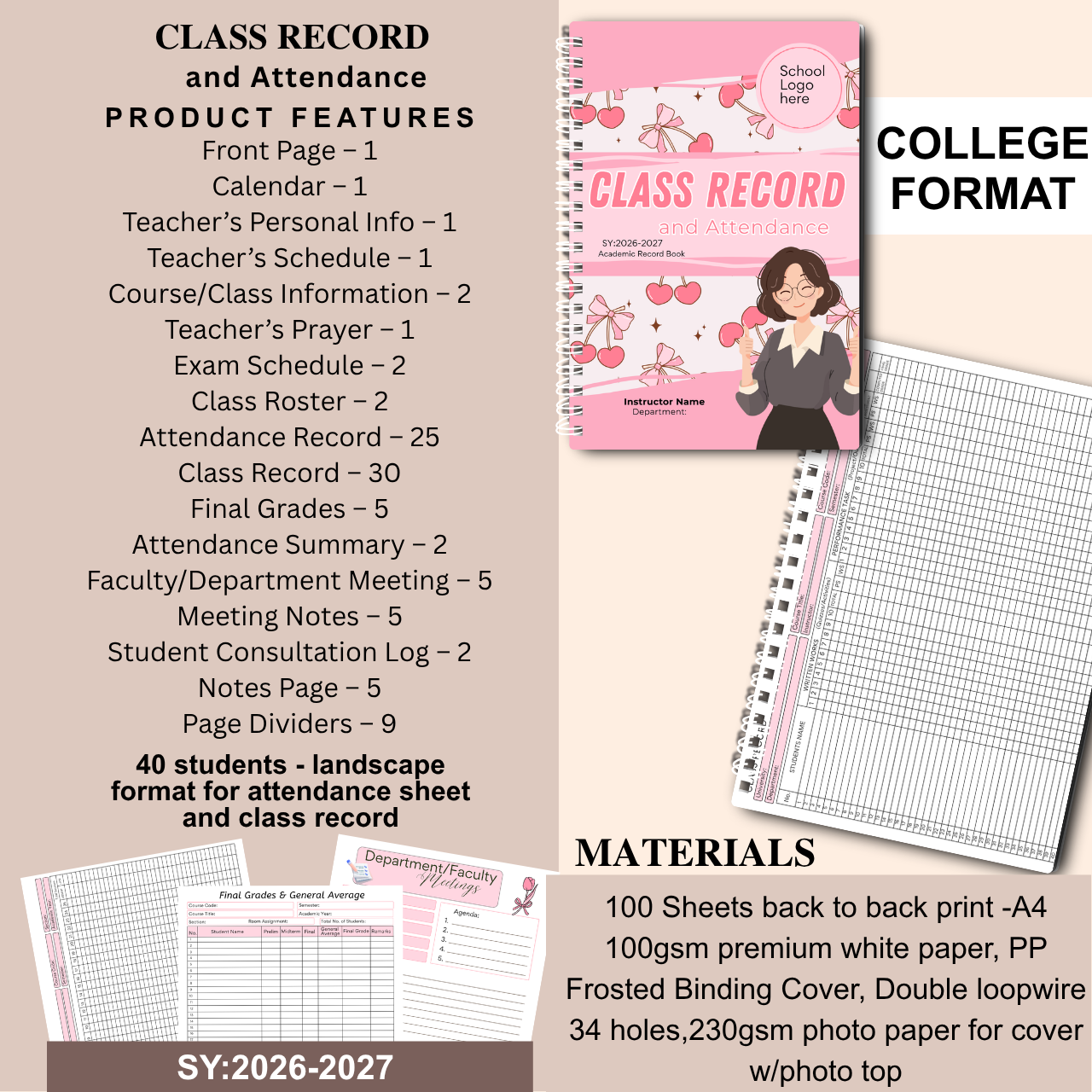 A4 Class Record and Attendance Notebook | SY 2026–2027 | Teacher’s Academic Record Book