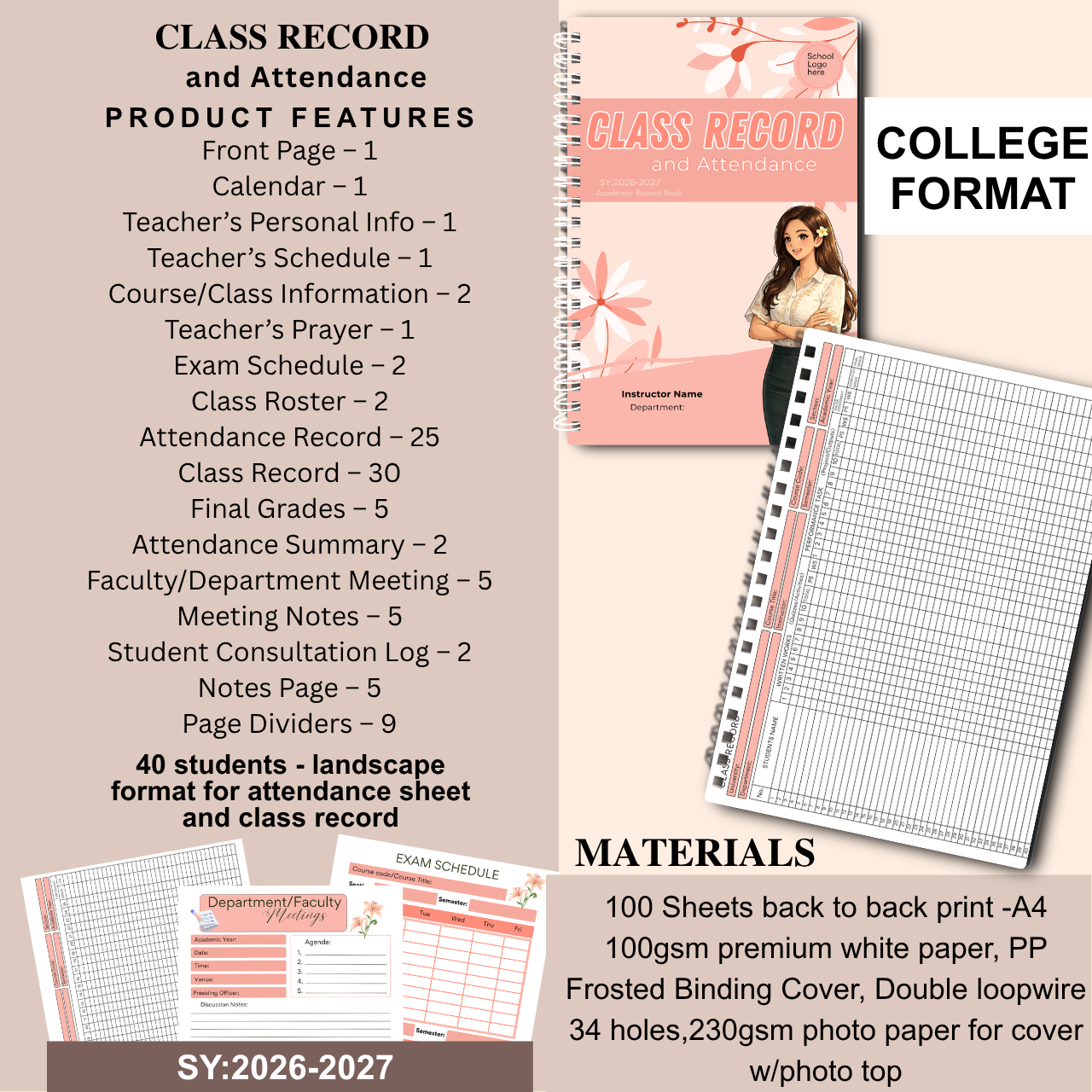 A4 Class Record and Attendance Notebook | SY 2026–2027 | Teacher’s Academic Record Book