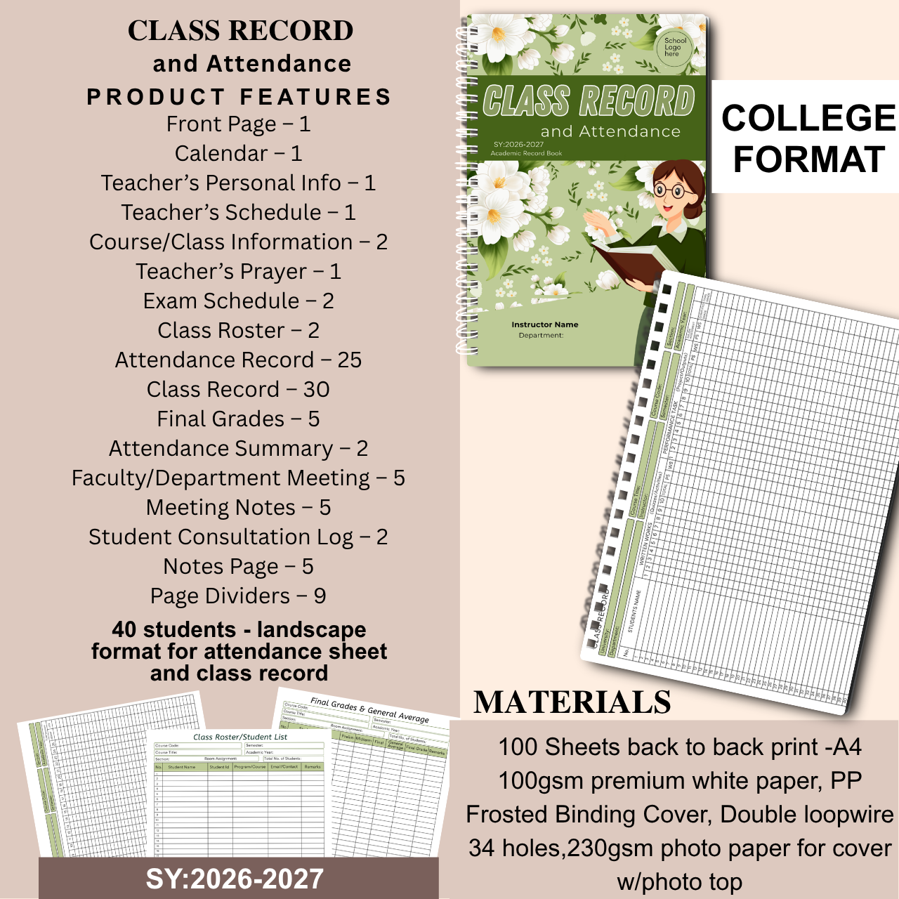 A4 Class Record and Attendance Notebook | SY 2026–2027 | Teacher’s Academic Record Book