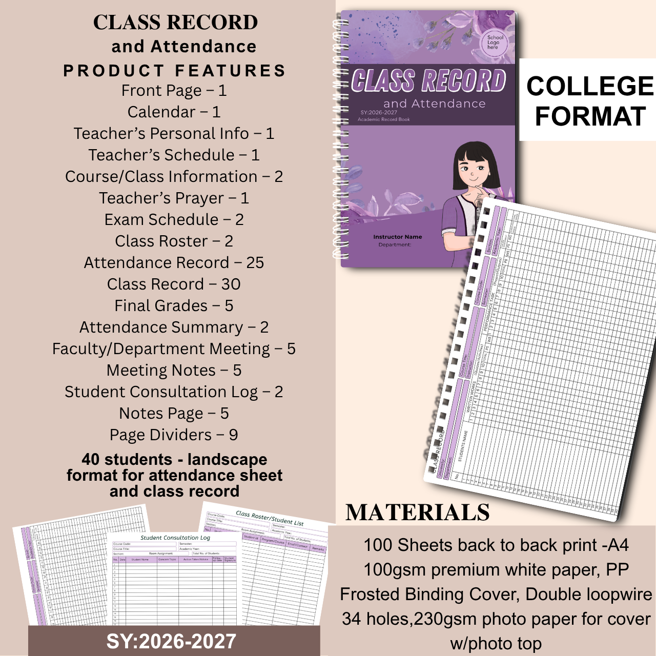 A4 Class Record and Attendance Notebook | SY 2026–2027 | Teacher’s Academic Record Book