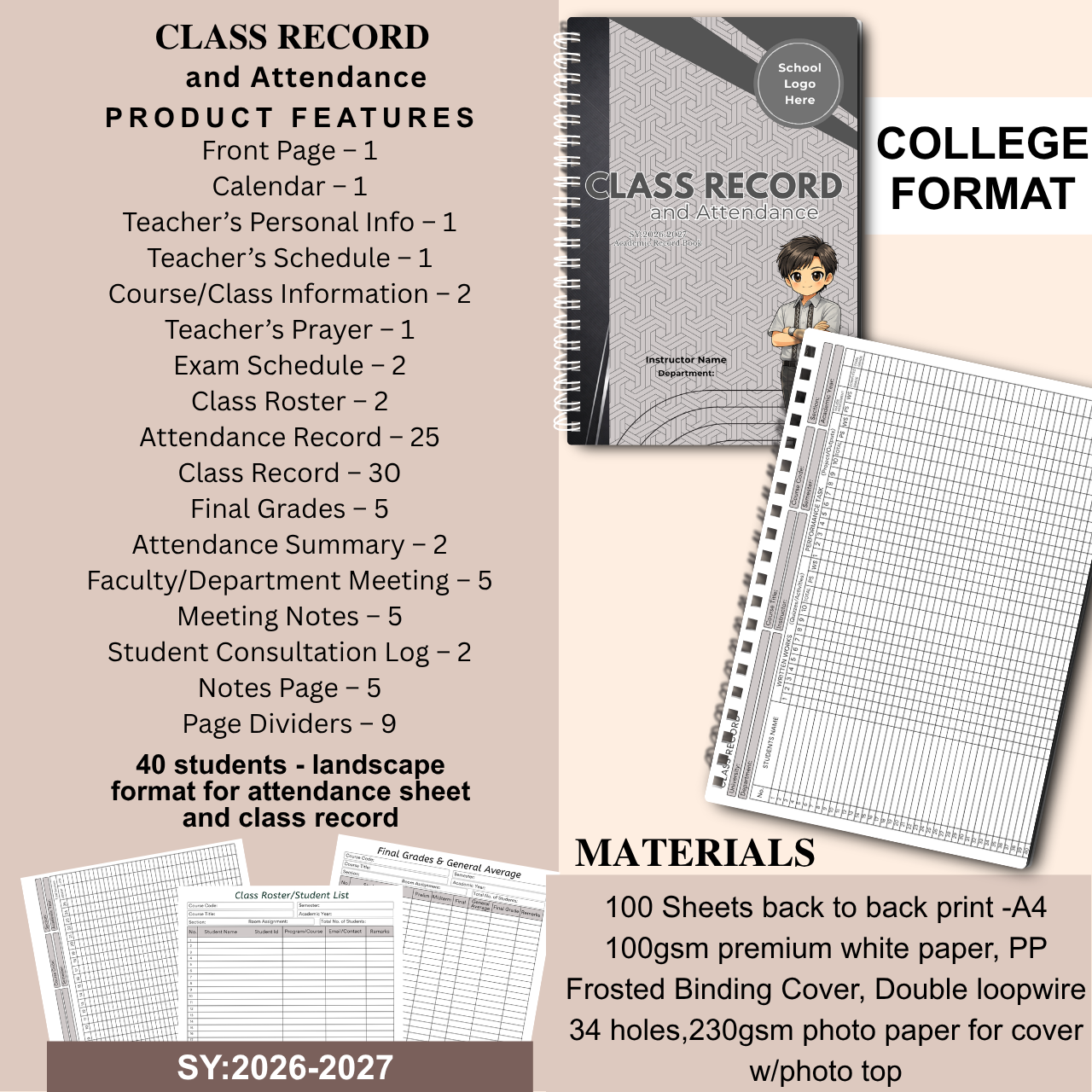 A4 Class Record and Attendance Notebook | SY 2026–2027 | Teacher’s Academic Record Book