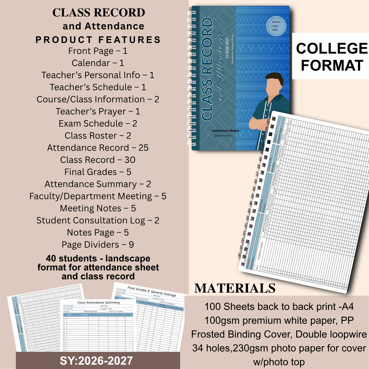 A4 Class Record and Attendance Notebook | SY 2026–2027 | Teacher’s Academic Record Book