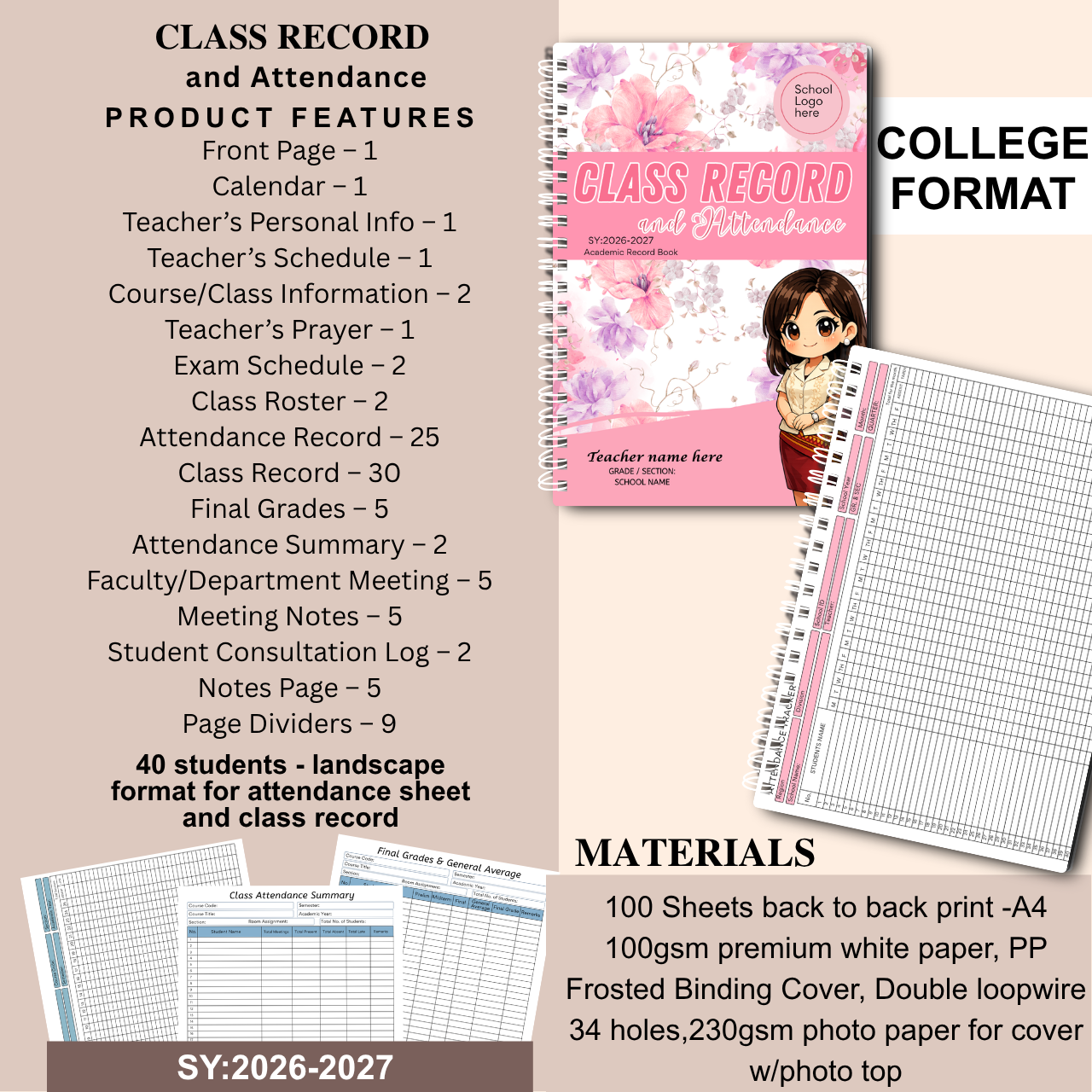 A4 Class Record and Attendance Notebook | SY 2026–2027 | Teacher’s Academic Record Book
