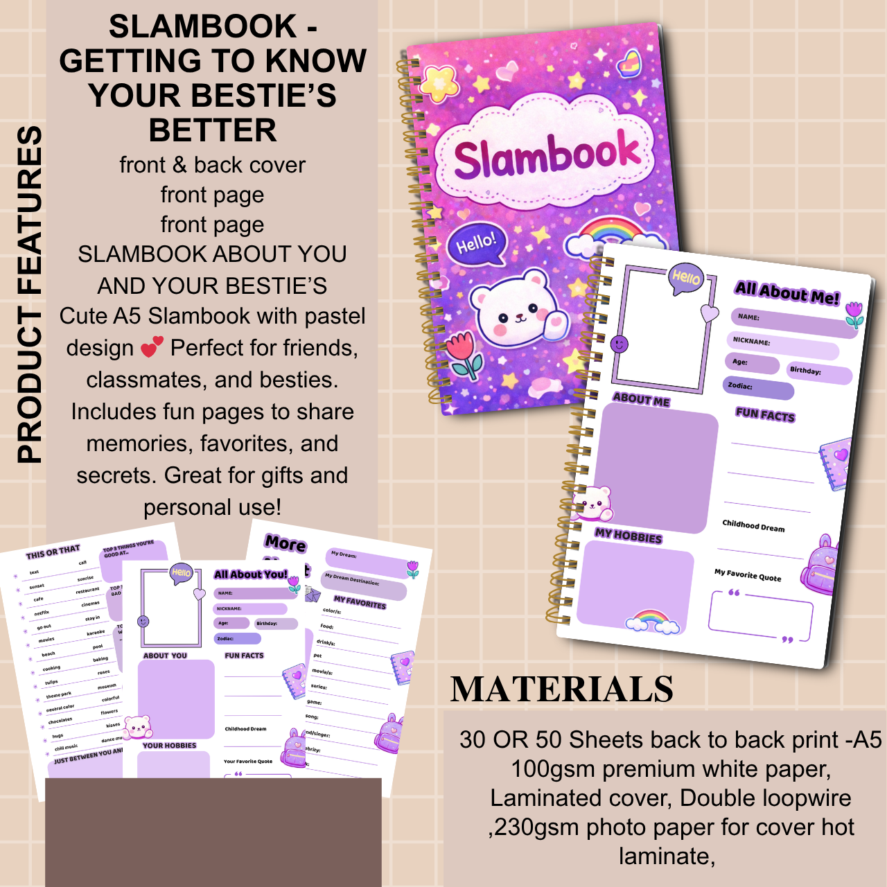 Slambook A5 – “Getting to Know Your Bestie Better” (Pastel Collection | 30 or 50 Sheets)