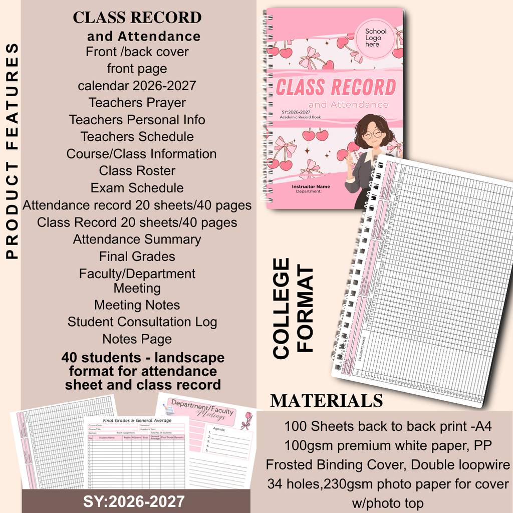 A4 Class Record and Attendance Notebook | SY 2026–2027 | Teacher’s Academic Record Book