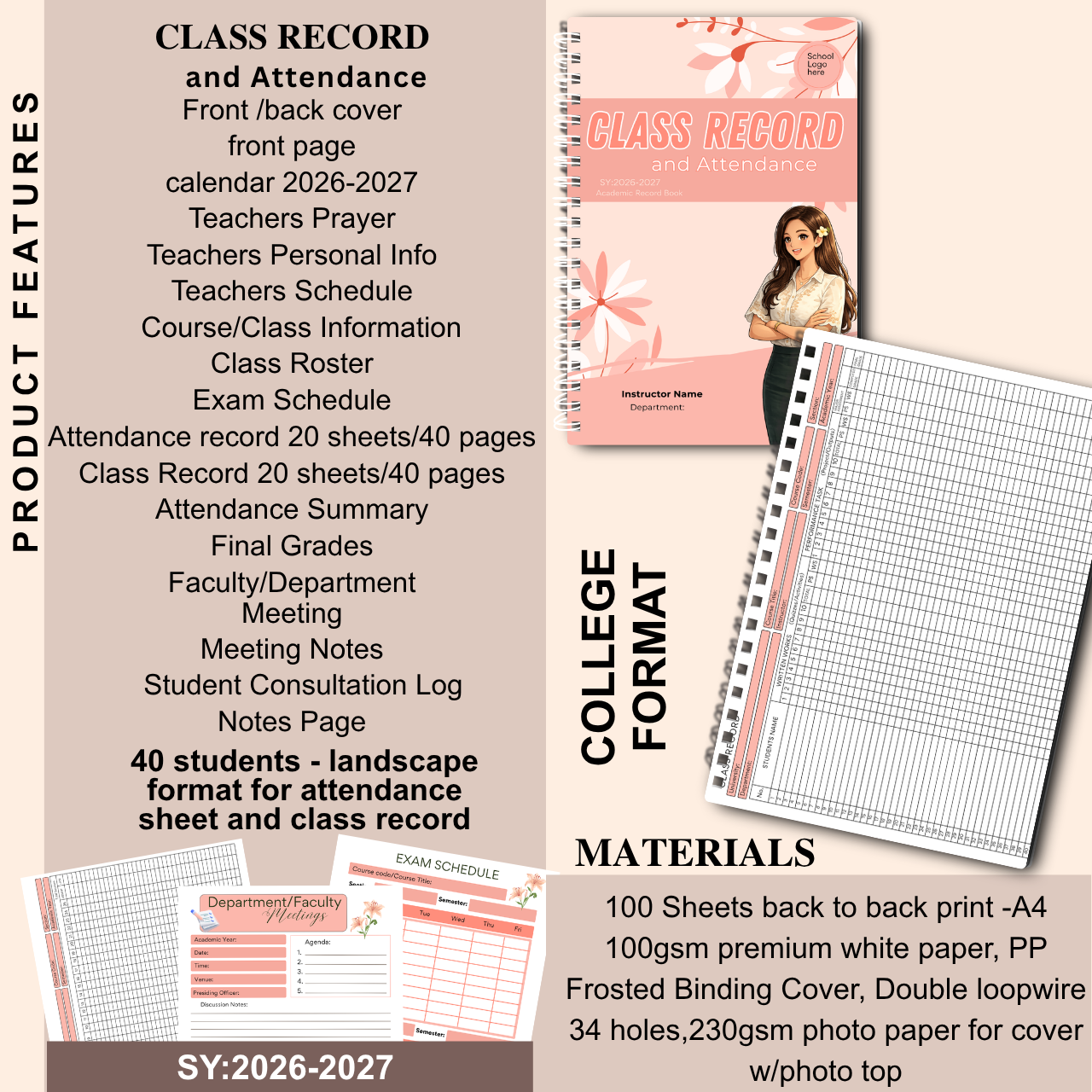 A4 Class Record and Attendance Notebook | SY 2026–2027 | Teacher’s Academic Record Book