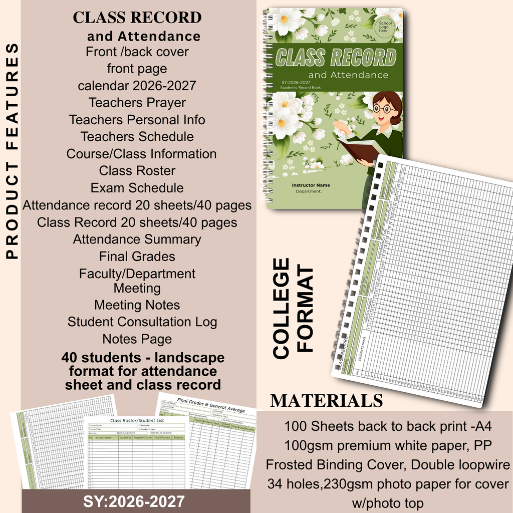 A4 Class Record and Attendance Notebook | SY 2026–2027 | Teacher’s Academic Record Book