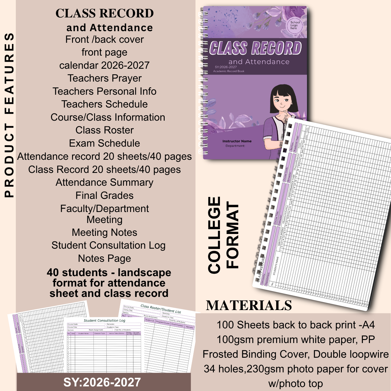 A4 Class Record and Attendance Notebook | SY 2026–2027 | Teacher’s Academic Record Book