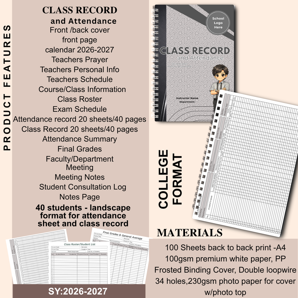A4 Class Record and Attendance Notebook | SY 2026–2027 | Teacher’s Academic Record Book