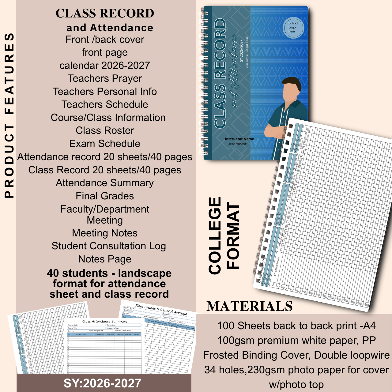 A4 Class Record and Attendance Notebook | SY 2026–2027 | Teacher’s Academic Record Book