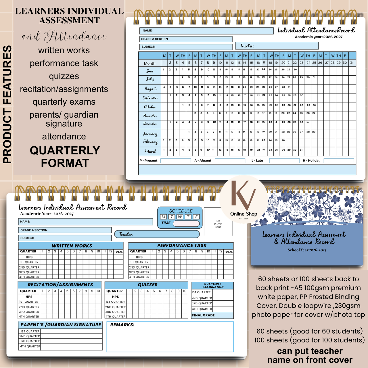 Learners Individual Assessment & Attendance Record Quarterly Format - A5 notebook Personalized with name