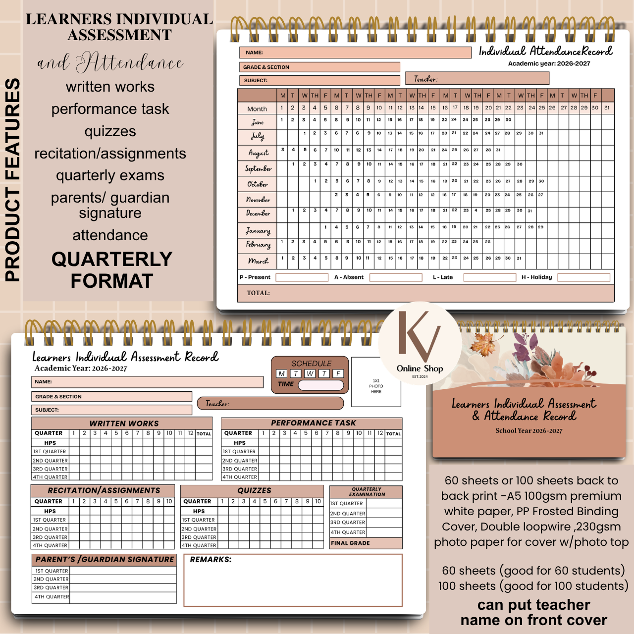 Learners Individual Assessment & Attendance Record Quarterly Format - A5 notebook Personalized with name