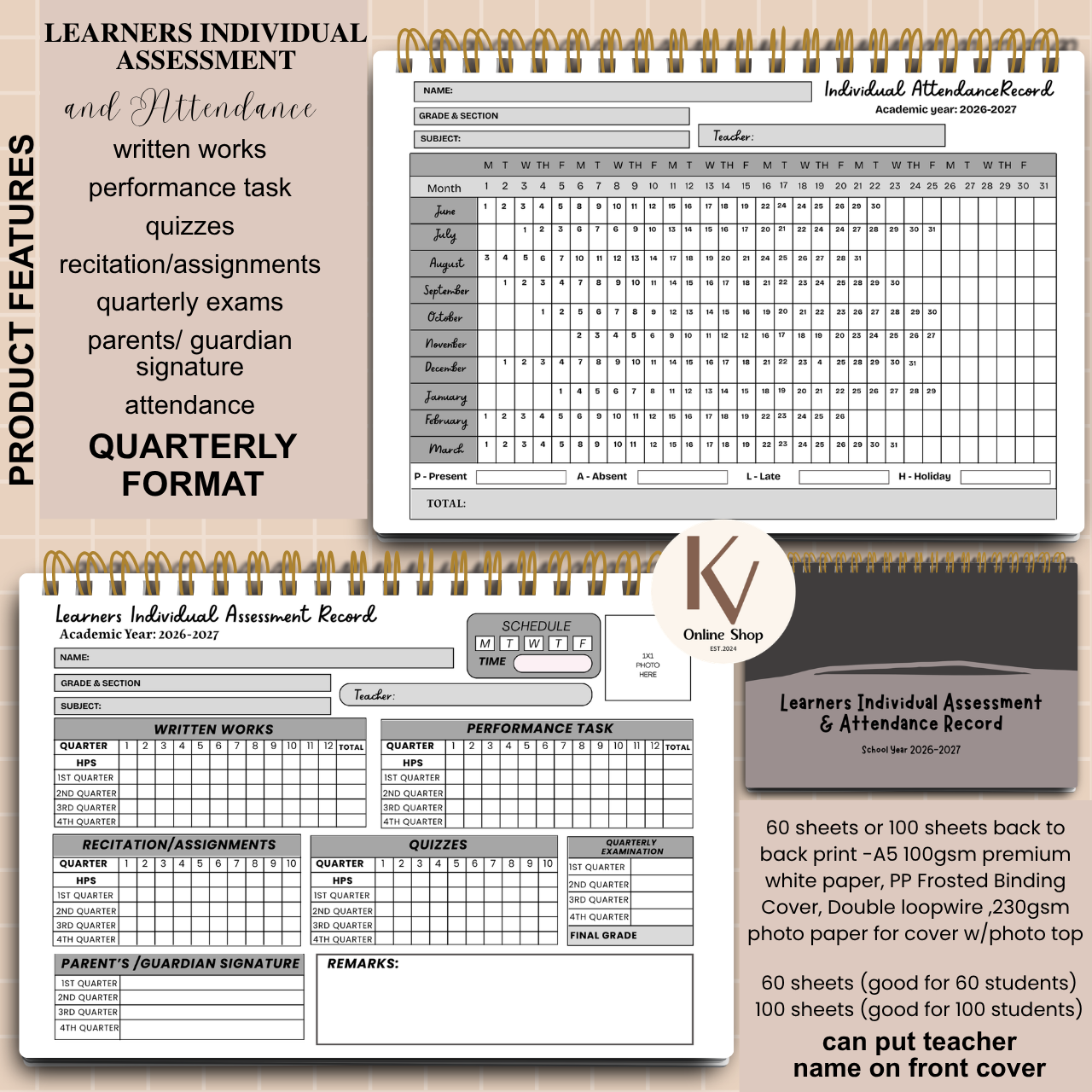 Learners Individual Assessment & Attendance Record Quarterly Format - A5 notebook Personalized with name