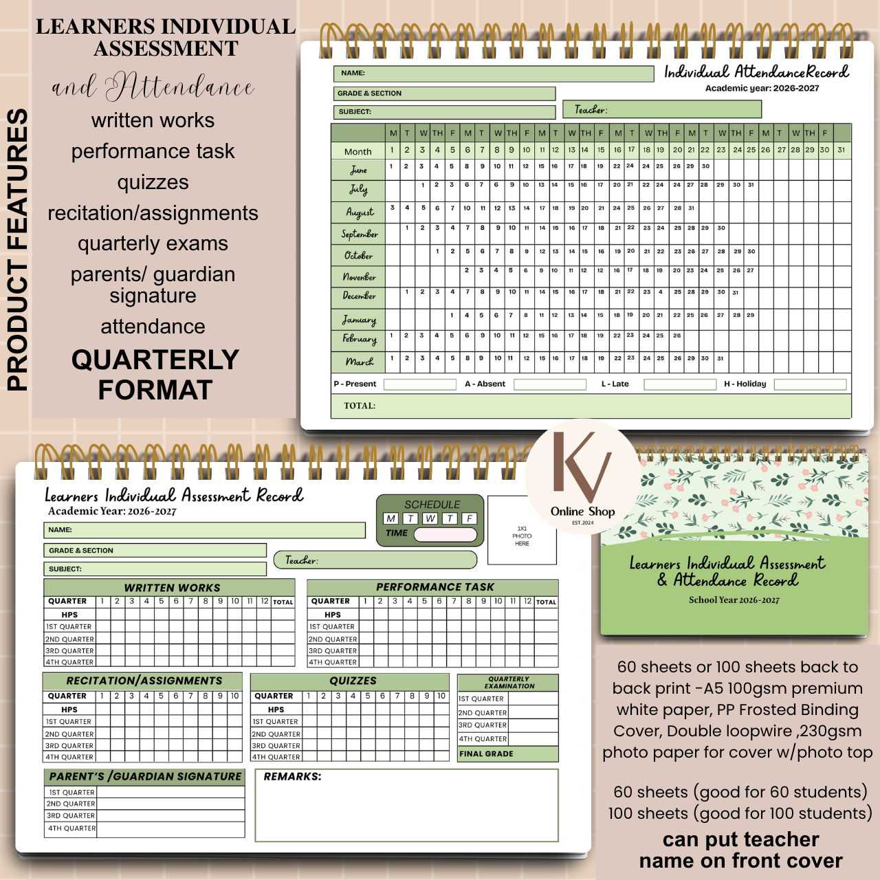 Learners Individual Assessment & Attendance Record Quarterly Format - A5 notebook Personalized with name