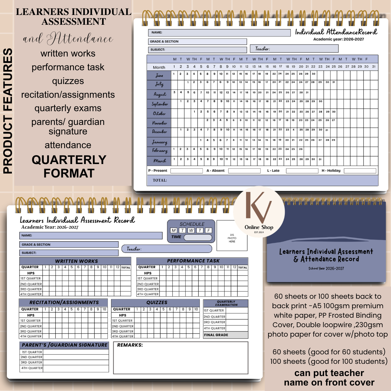 Learners Individual Assessment & Attendance Record Quarterly Format - A5 notebook Personalized with name
