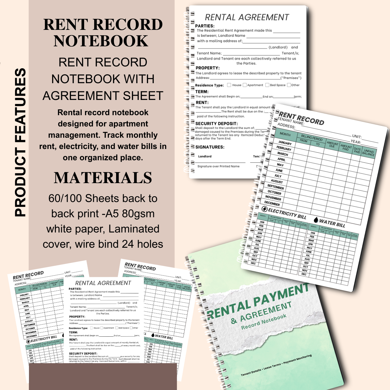 Rent Record Notebook with Rental Agreement Sheet | Landlord Rental Payment & Utility Tracker | A5 Spiral Bound (60/100 Sheets)