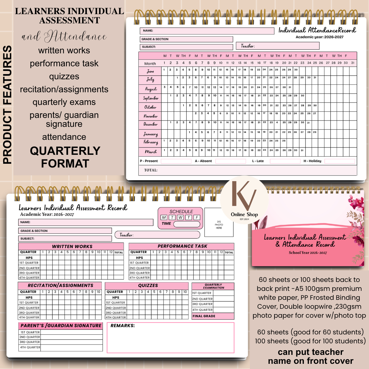 Learners Individual Assessment & Attendance Record Quarterly Format - A5 notebook Personalized with name
