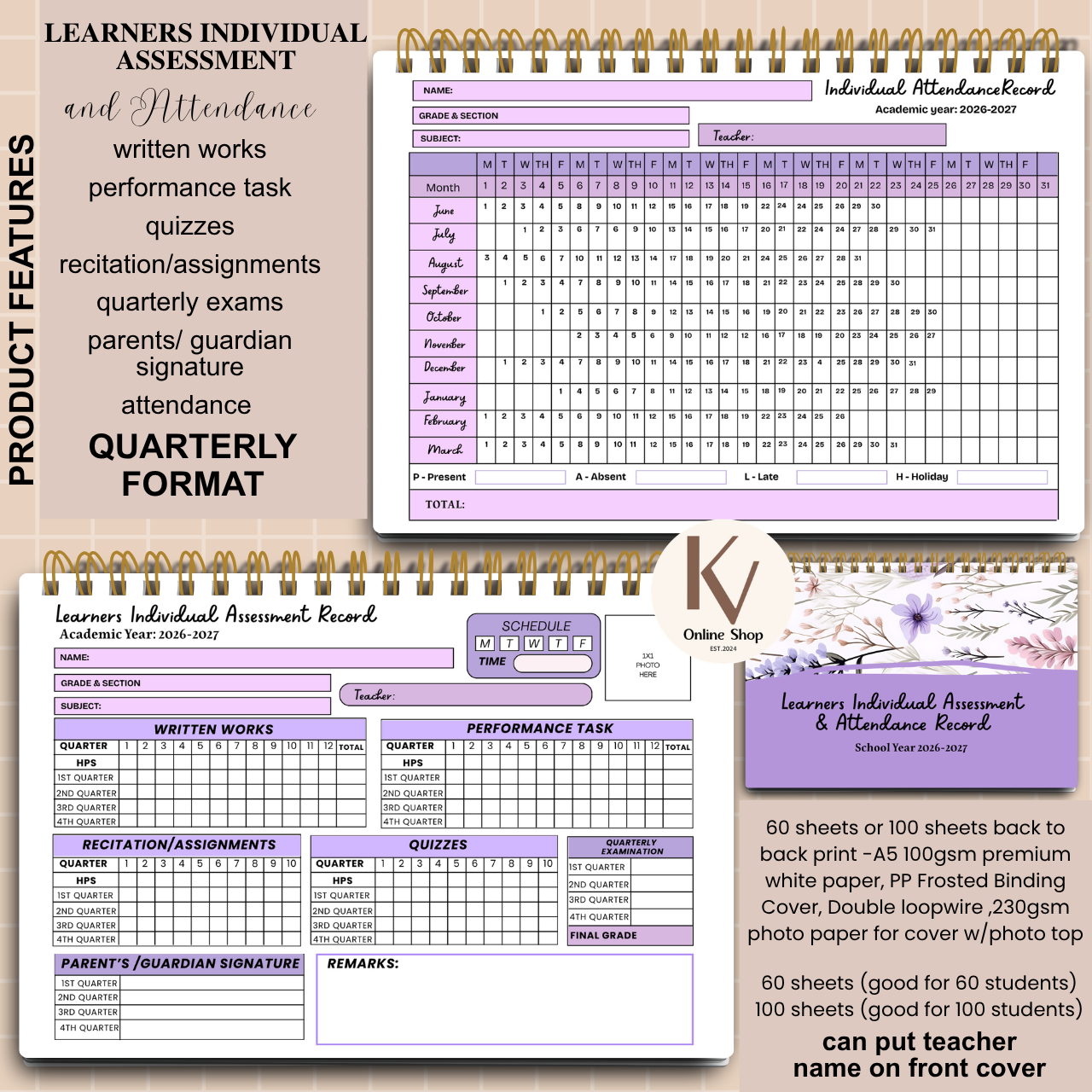 Learners Individual Assessment & Attendance Record Quarterly Format - A5 notebook Personalized with name