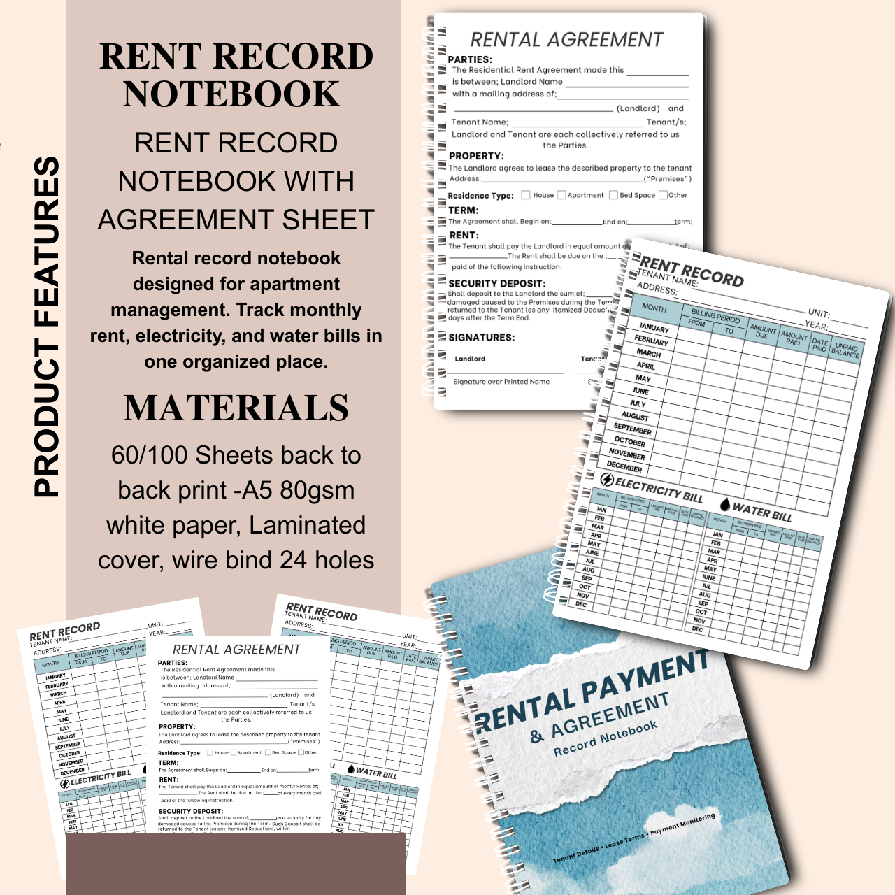 Rent Record Notebook with Rental Agreement Sheet | Landlord Rental Payment & Utility Tracker | A5 Spiral Bound (60/100 Sheets)