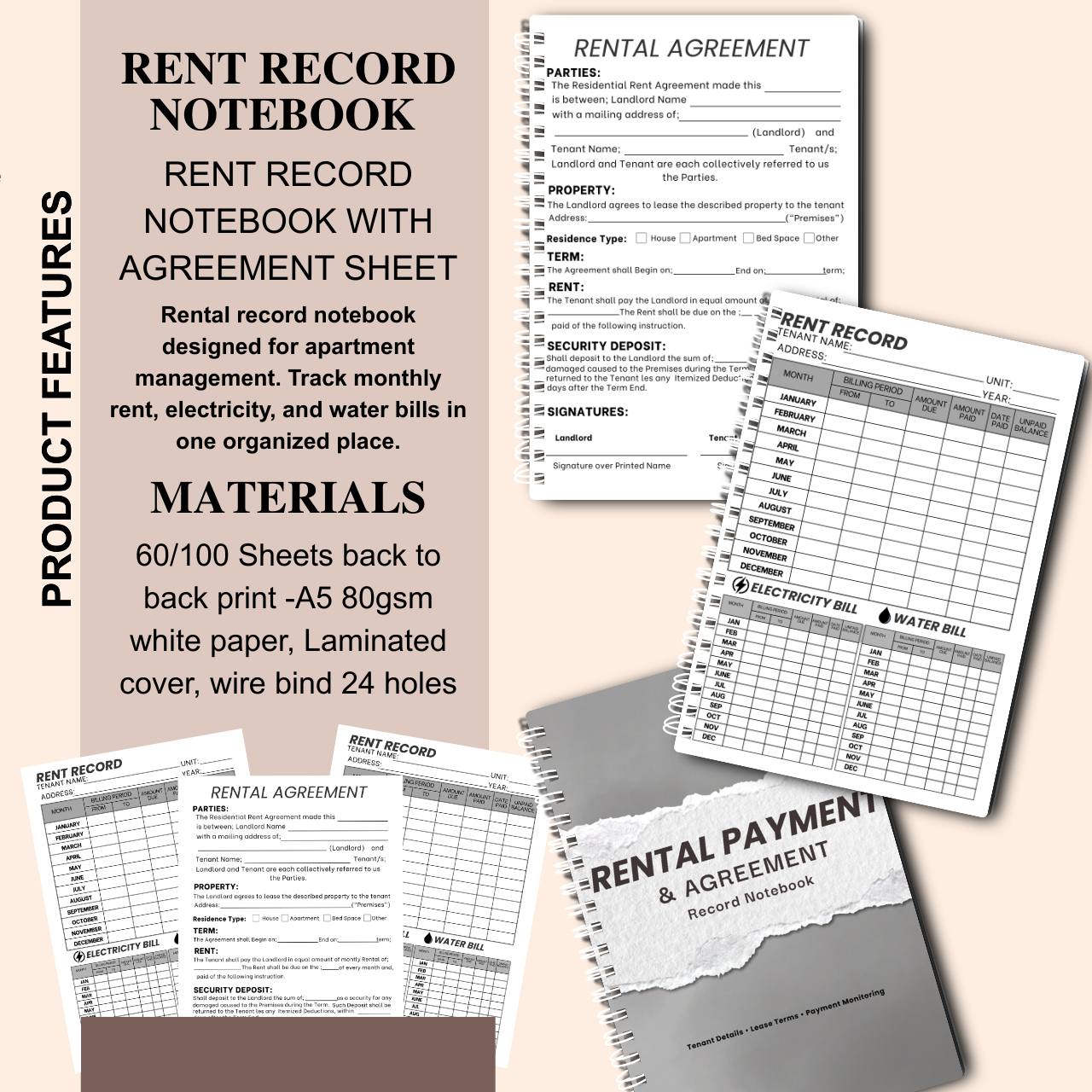 Rent Record Notebook with Rental Agreement Sheet | Landlord Rental Payment & Utility Tracker | A5 Spiral Bound (60/100 Sheets)