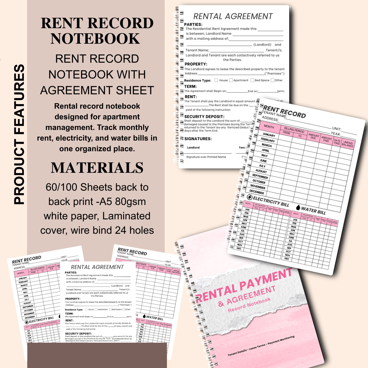 Rent Record Notebook with Rental Agreement Sheet | Landlord Rental Payment & Utility Tracker | A5 Spiral Bound (60/100 Sheets)