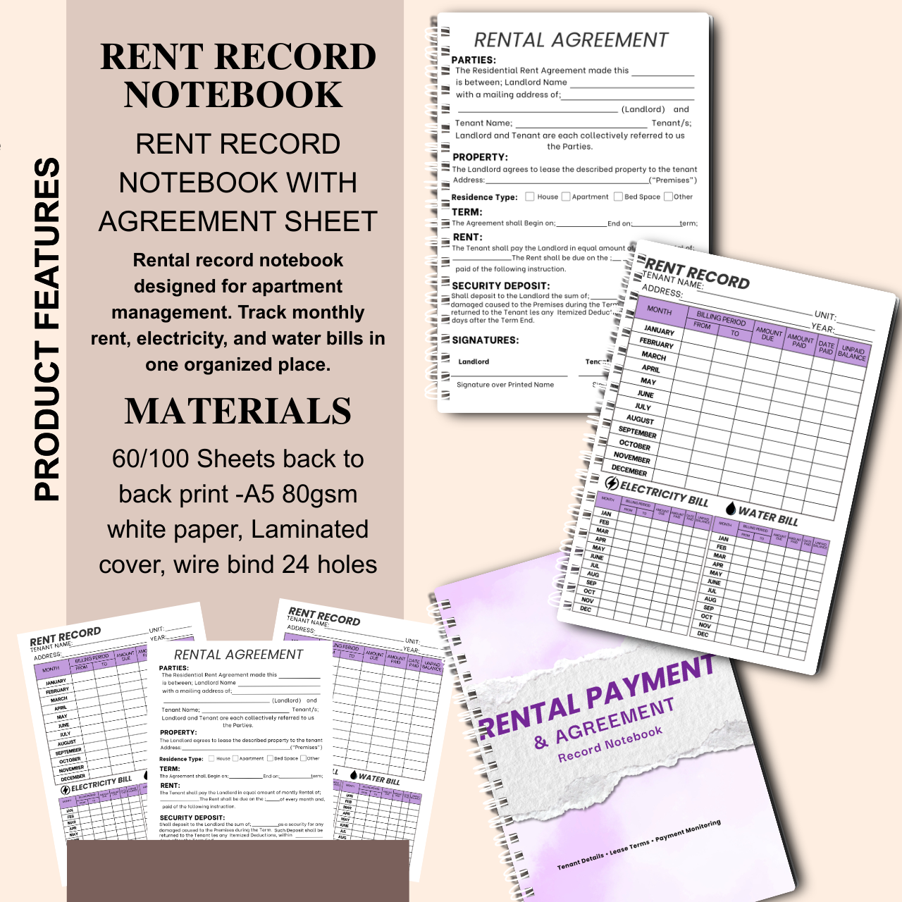 Rent Record Notebook with Rental Agreement Sheet | Landlord Rental Payment & Utility Tracker | A5 Spiral Bound (60/100 Sheets)