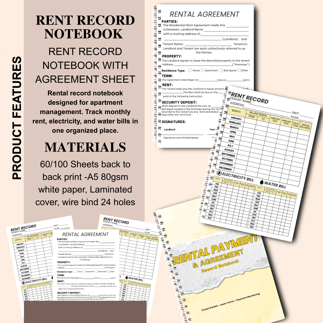 Rent Record Notebook with Rental Agreement Sheet | Landlord Rental Payment & Utility Tracker | A5 Spiral Bound (60/100 Sheets)