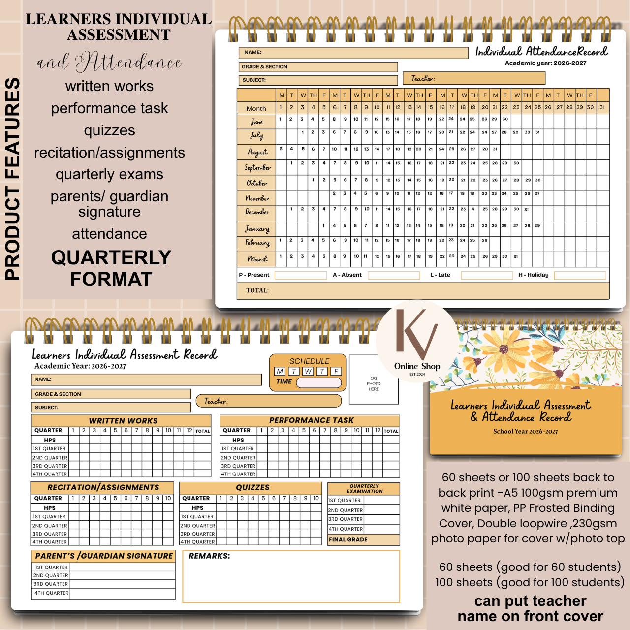 Learners Individual Assessment & Attendance Record Quarterly Format - A5 notebook Personalized with name