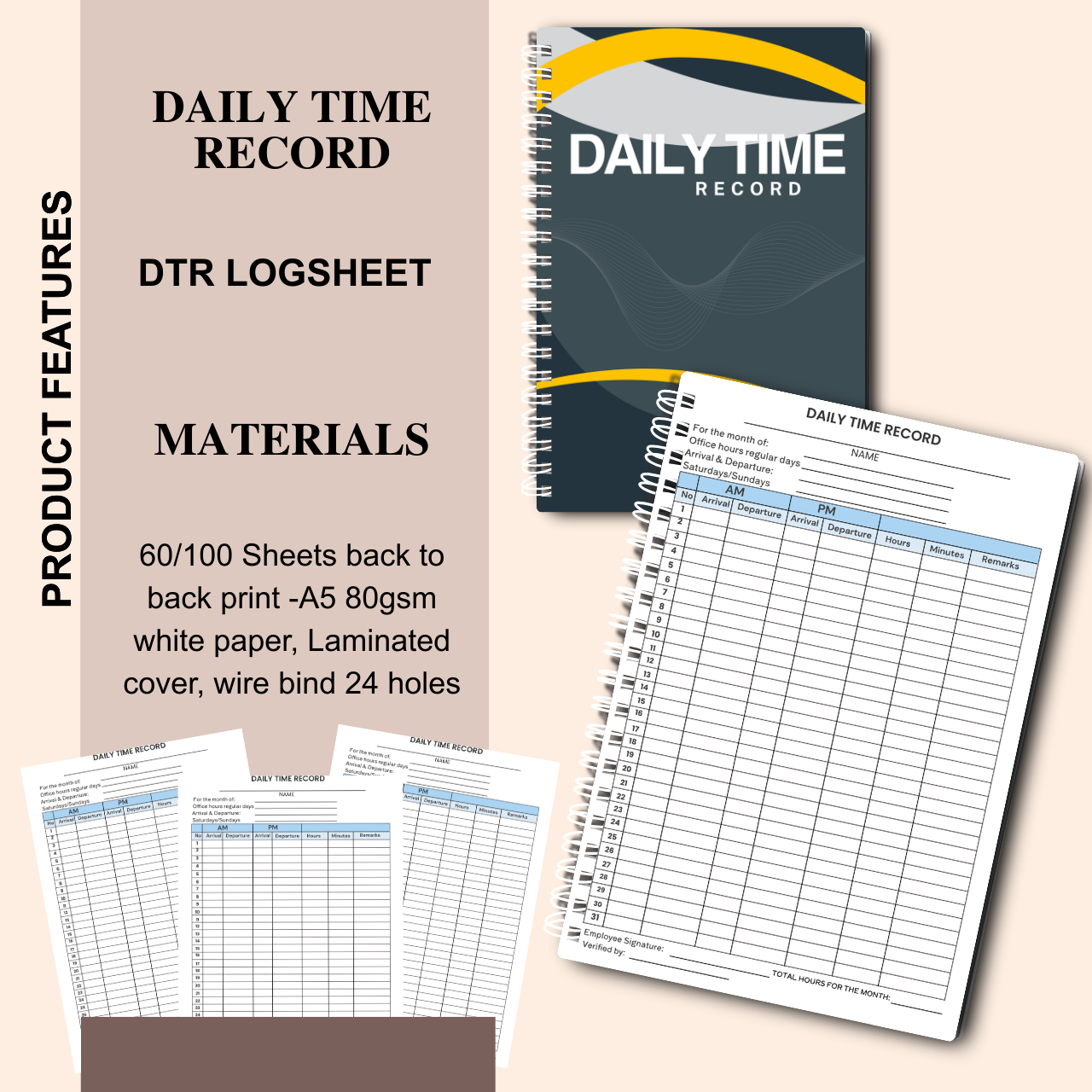 Daily Time Record (DTR) Logsheet Notebook – A5 Wire-Bound Attendance & Work Log