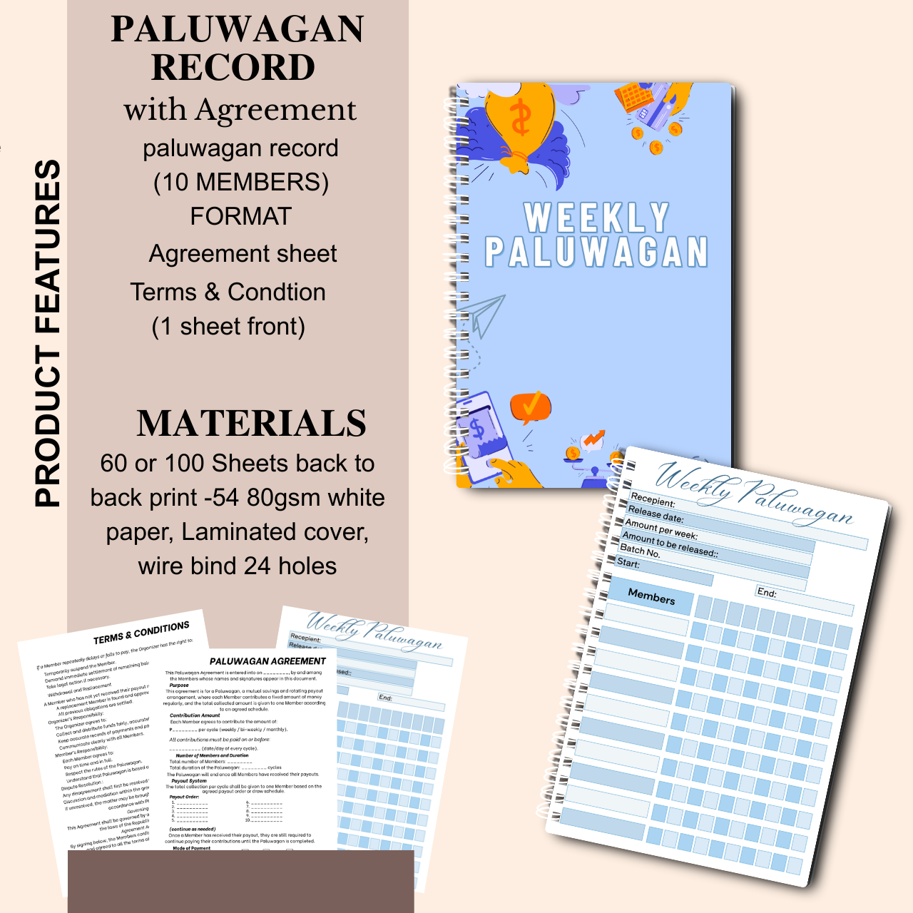 Weekly Paluwagan Record Notebook with Agreement – A5 Handmade Savings Tracker (10 Members)