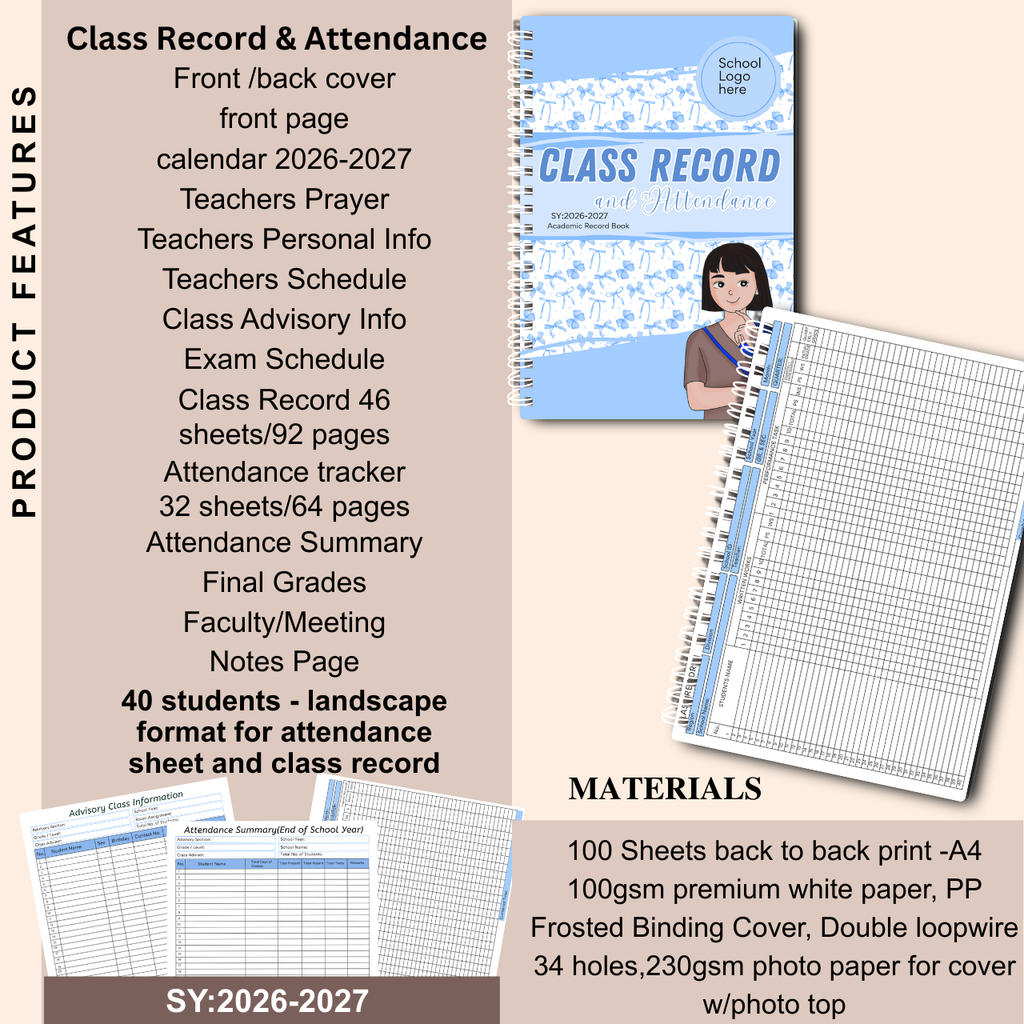 A4 Class Record and Attendance Notebook | SY 2026–2027 | Teacher’s Academic Record Book