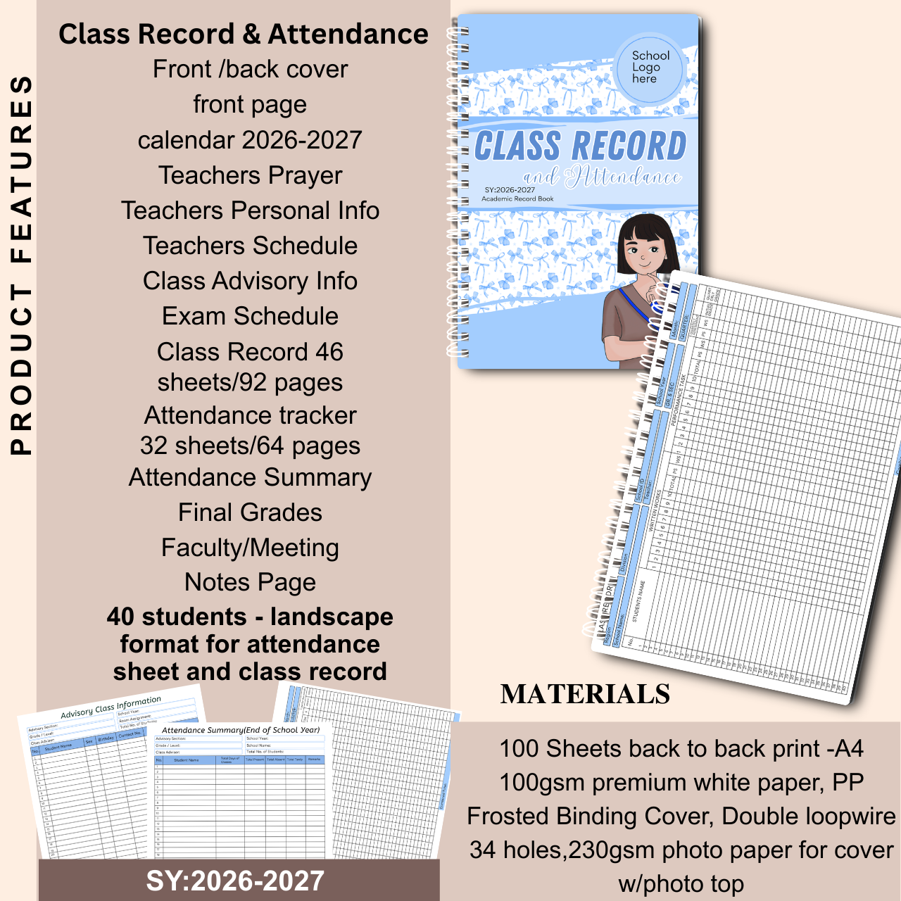 A4 Class Record and Attendance Notebook | SY 2026–2027 | Teacher’s Academic Record Book