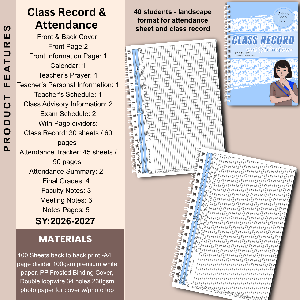 A4 Class Record and Attendance Notebook | SY 2026–2027 | Teacher’s Academic Record Book