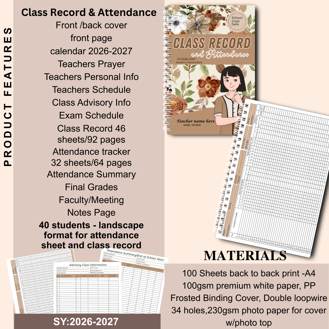 A4 Class Record and Attendance Notebook | SY 2026–2027 | Teacher’s Academic Record Book