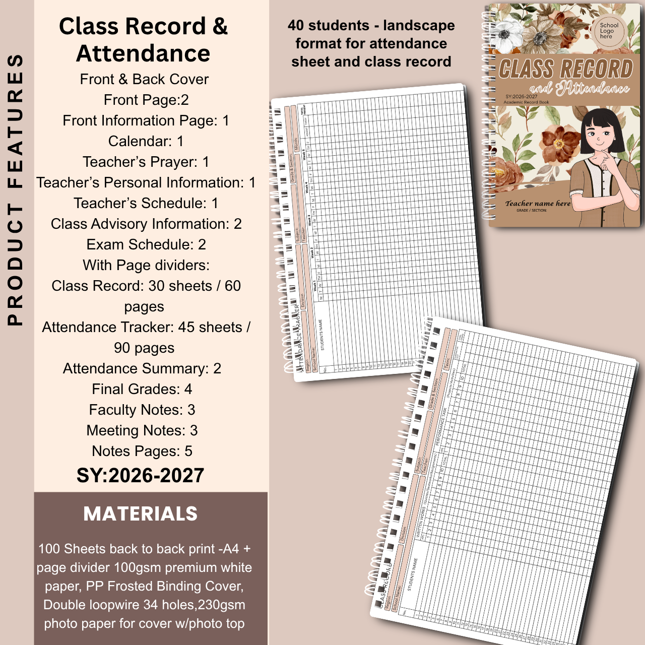 A4 Class Record and Attendance Notebook | SY 2026–2027 | Teacher’s Academic Record Book