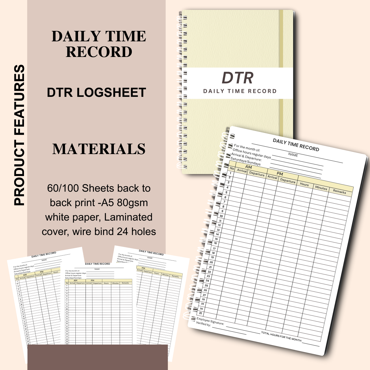 Daily Time Record (DTR) Logsheet Notebook – A5 Wire-Bound Attendance & Work Log