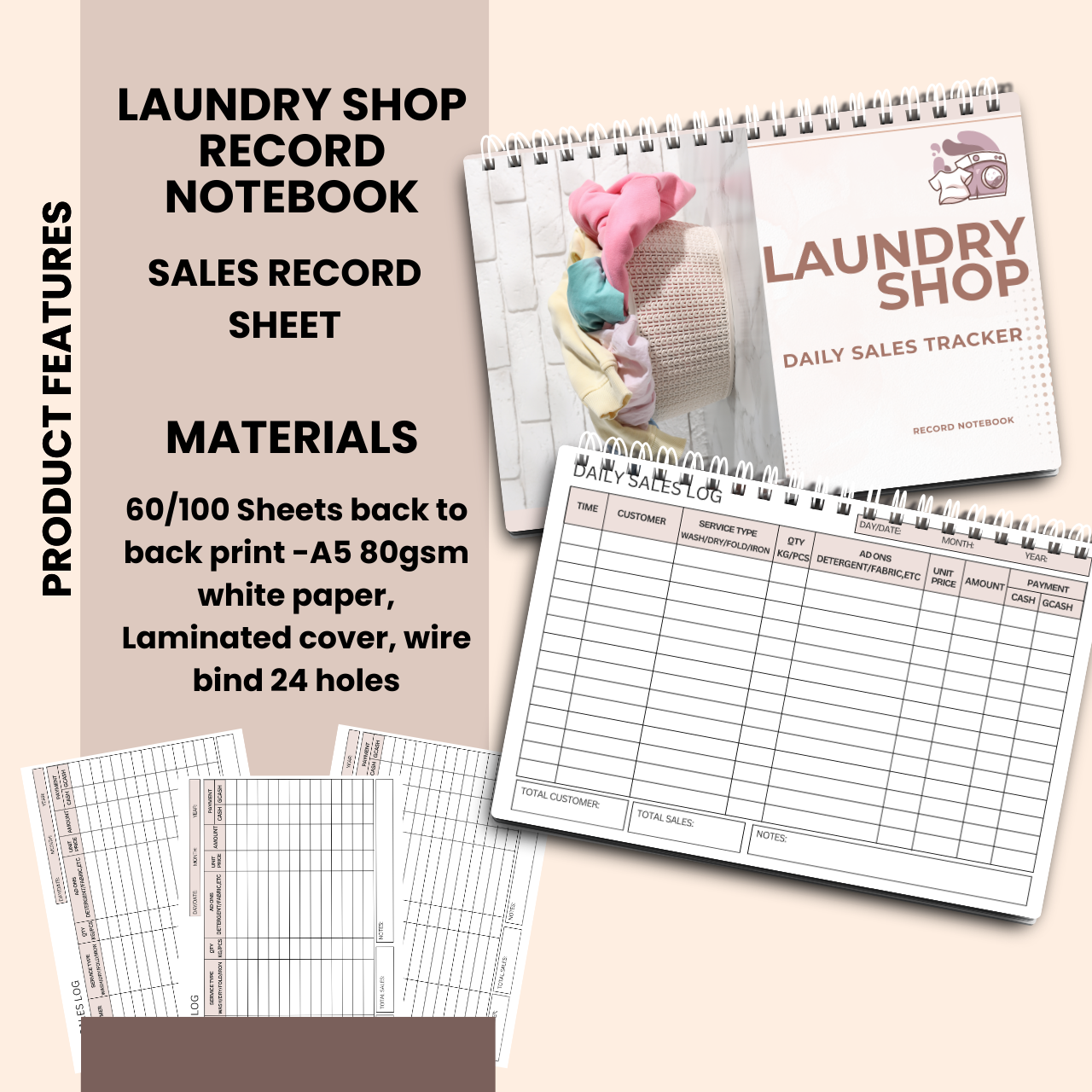 Laundry Shop Record Notebook A5 | Sales, Expense & Inventory Tracker for Small Business
