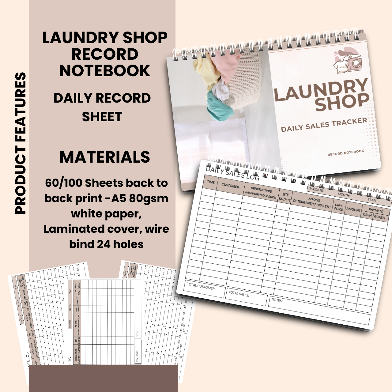 Laundry Shop Record Notebook A5 | Sales, Expense & Inventory Tracker for Small Business