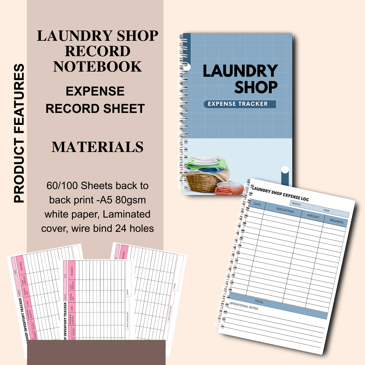Laundry Shop Record Notebook A5 | Sales, Expense & Inventory Tracker for Small Business