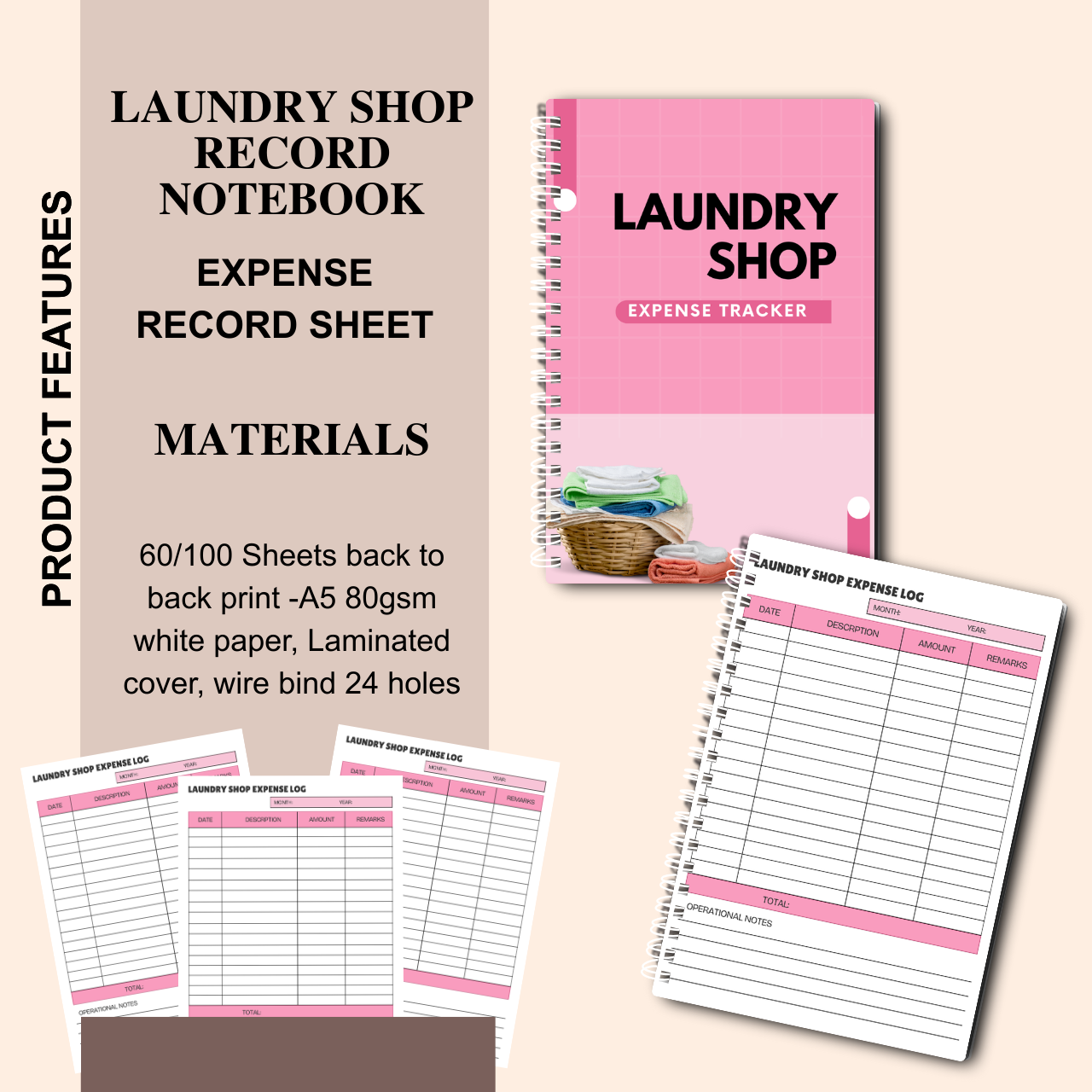 Laundry Shop Record Notebook A5 | Sales, Expense & Inventory Tracker for Small Business