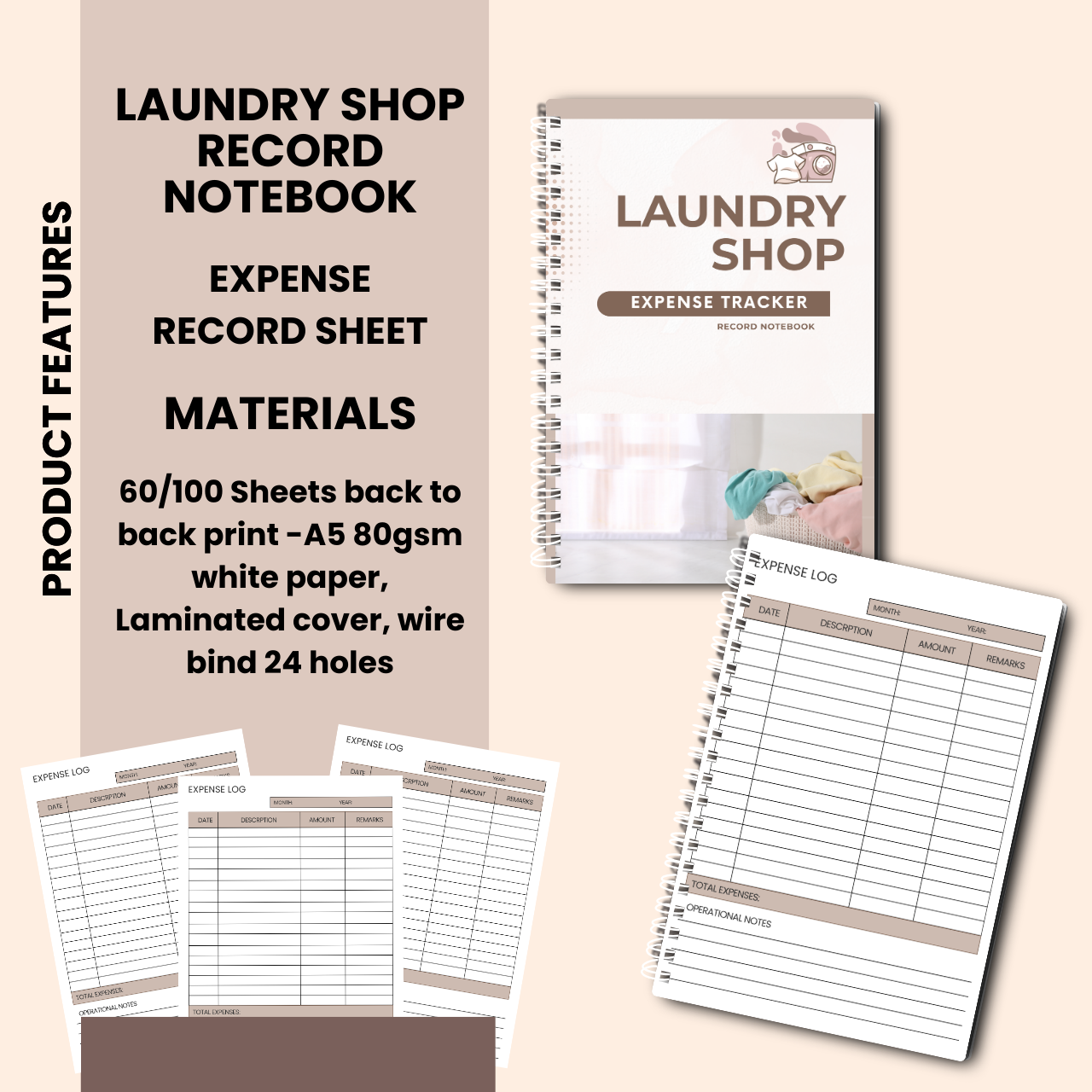 Laundry Shop Record Notebook A5 | Sales, Expense & Inventory Tracker for Small Business