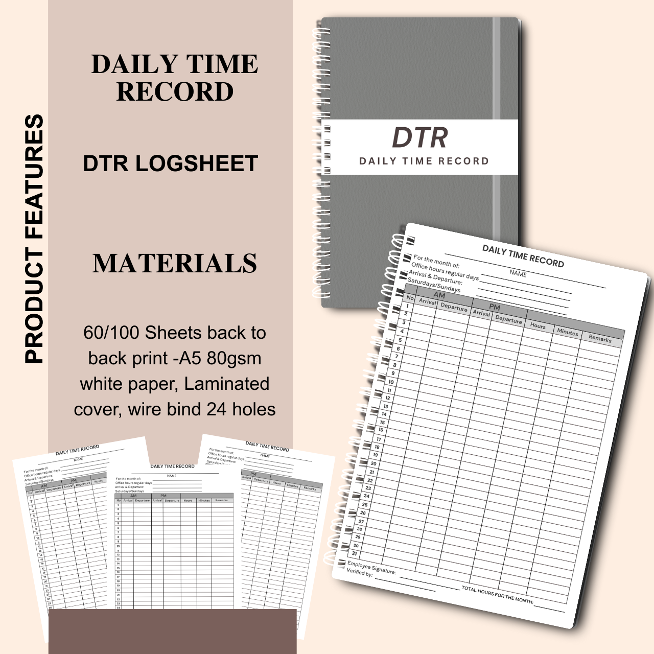 Daily Time Record (DTR) Logsheet Notebook – A5 Wire-Bound Attendance & Work Log