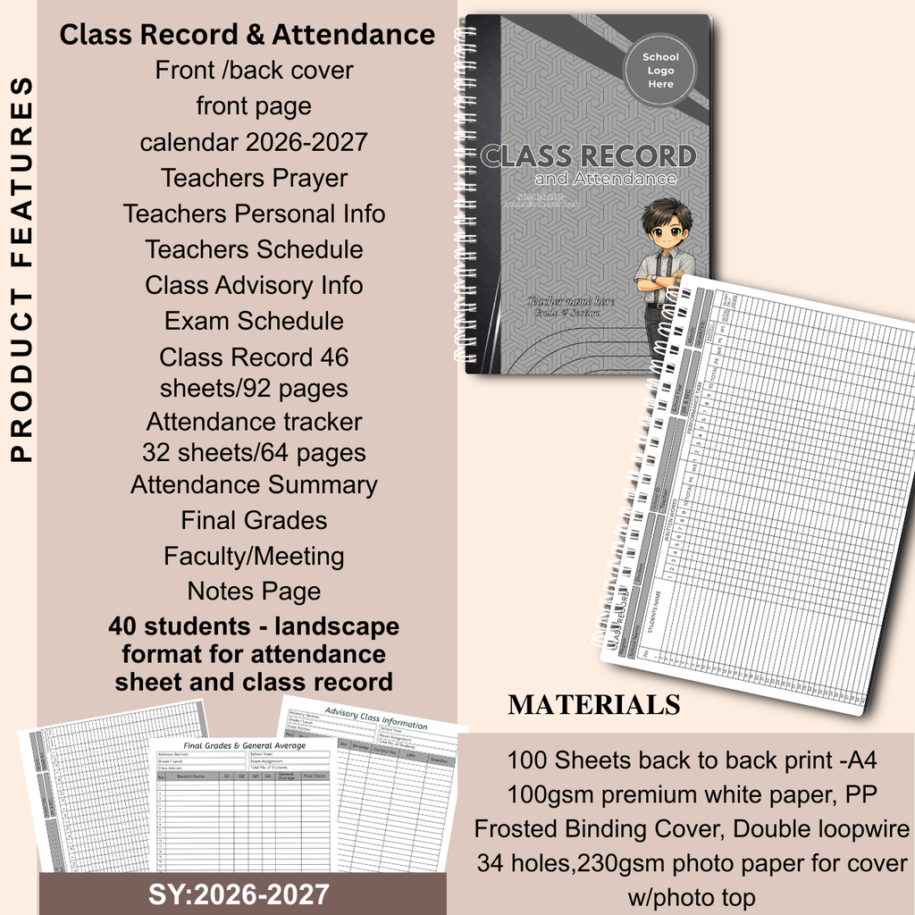A4 Class Record and Attendance Notebook | SY 2026–2027 | Teacher’s Academic Record Book
