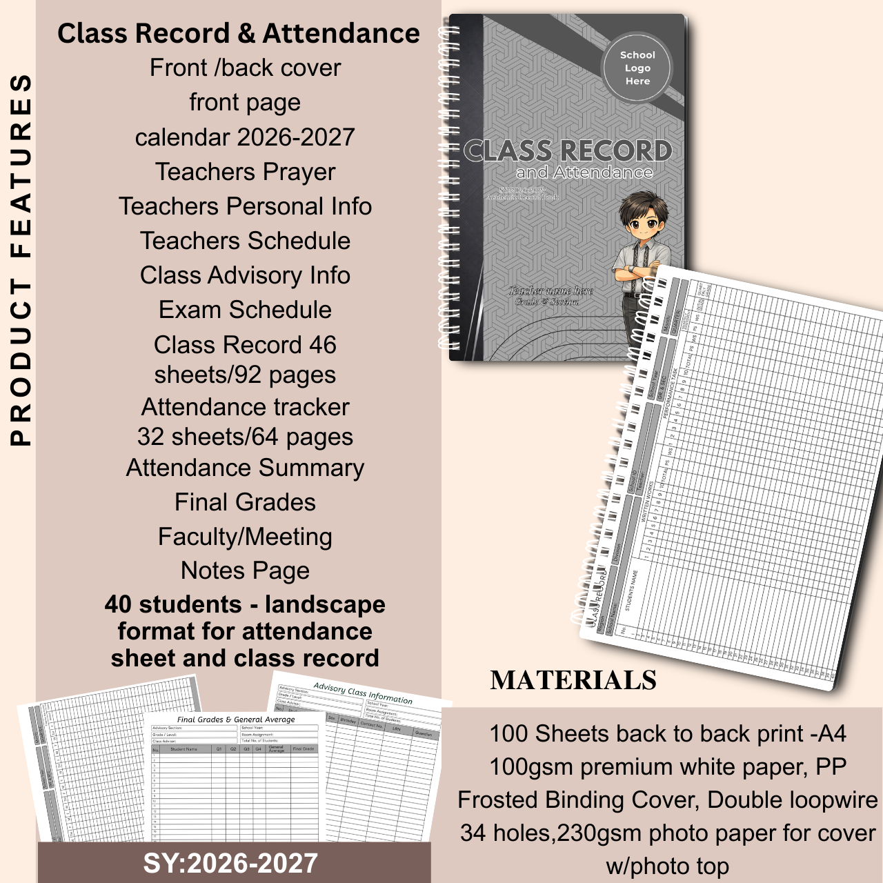 A4 Class Record and Attendance Notebook | SY 2026–2027 | Teacher’s Academic Record Book
