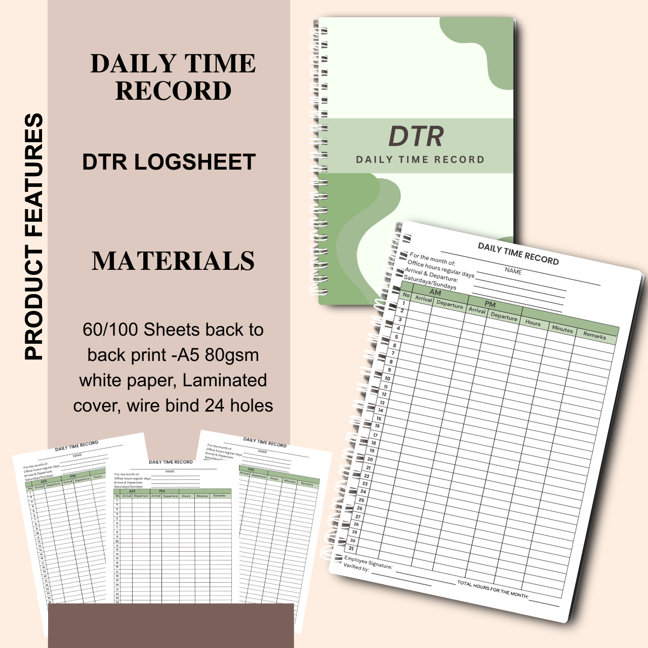 Daily Time Record (DTR) Logsheet Notebook – A5 Wire-Bound Attendance & Work Log