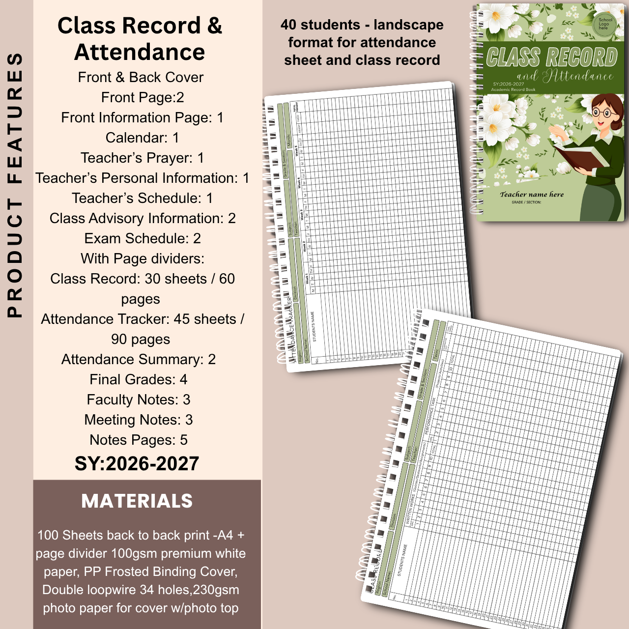 A4 Class Record and Attendance Notebook | SY 2026–2027 | Teacher’s Academic Record Book