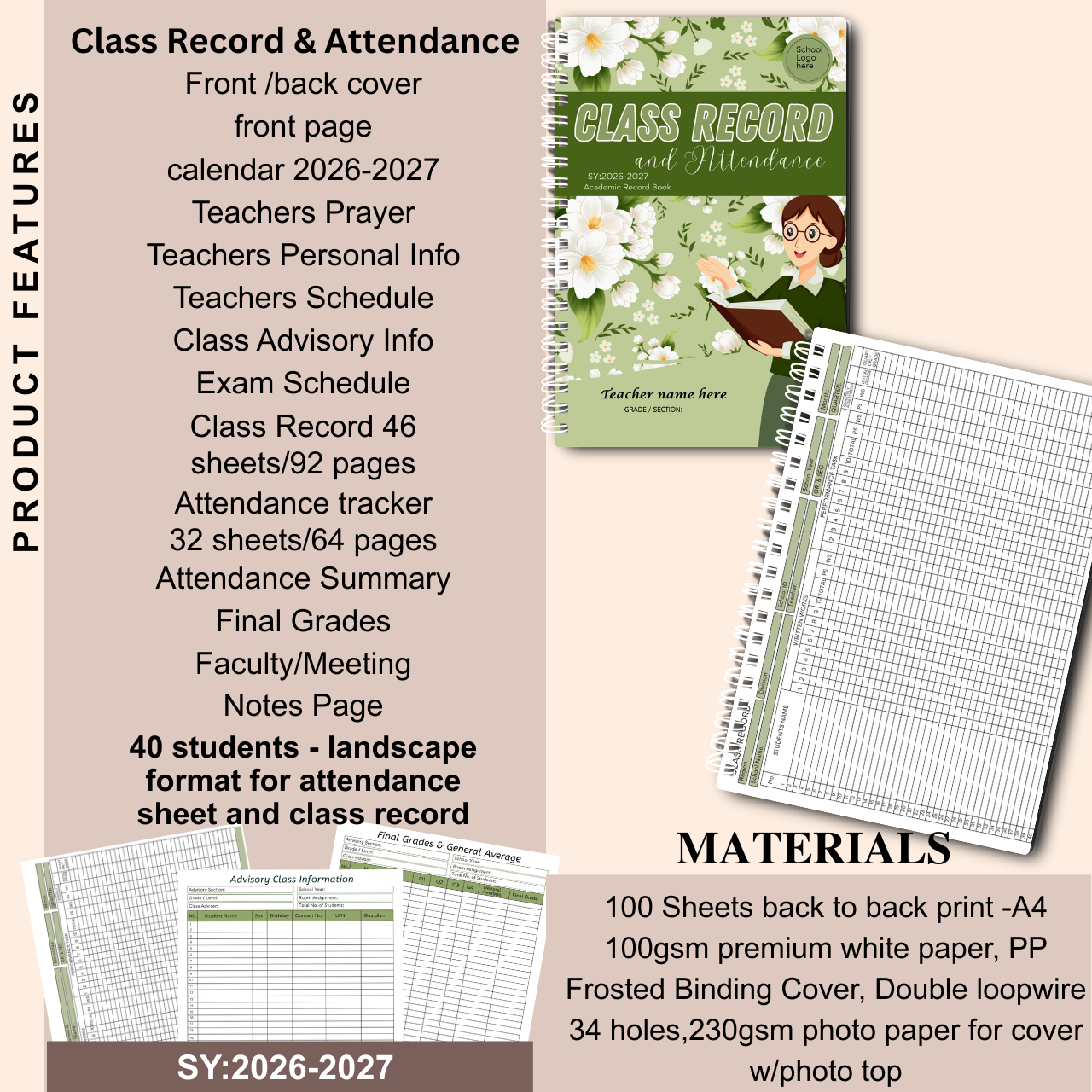 A4 Class Record and Attendance Notebook | SY 2026–2027 | Teacher’s Academic Record Book